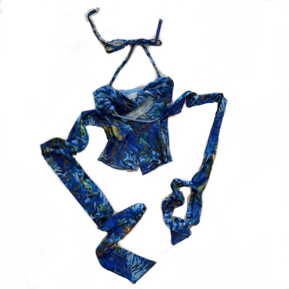 Outcast Blue Mesh Sheer Top Blouse Sz Xs